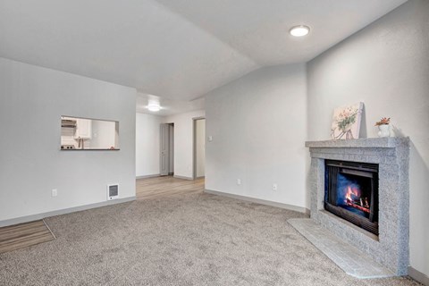 a living room with a fireplace and a rug